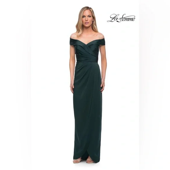 La Femme 25206 Surplice Off The Shoulder Navy Blue Evening Dress Maxi Gown Event